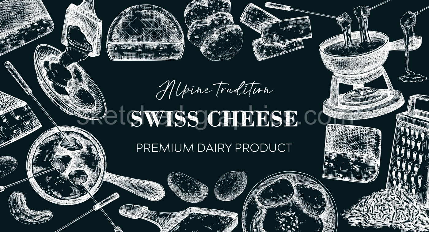 Swiss cheese hand drawn vector illustration. Vintage food background. Fondue and raclette sketches. Perfect restaurant menu, packaging, or prints. NOT AI generated Illustration